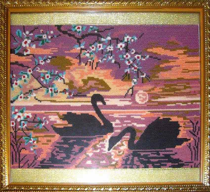 Захід сонця з лебедями